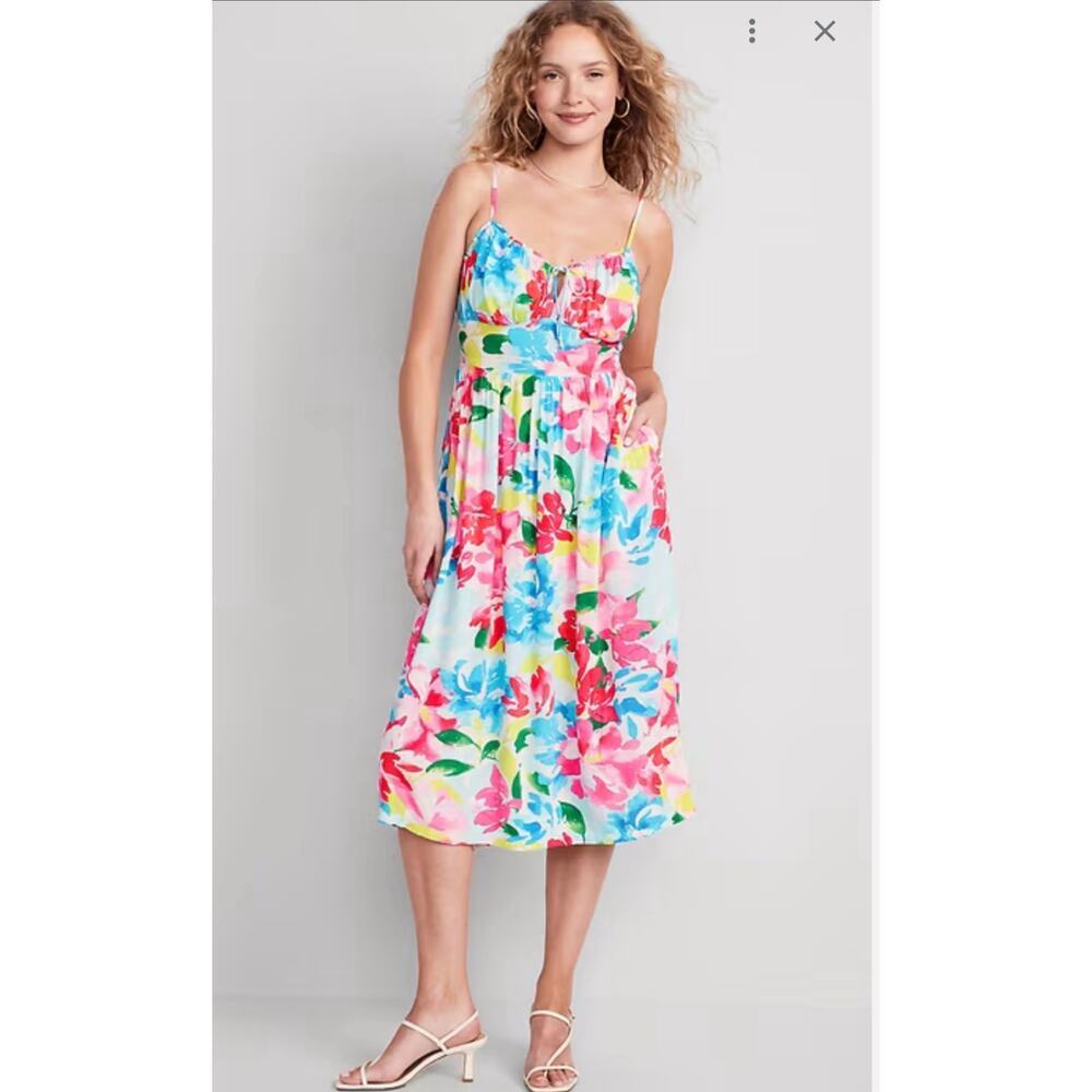 Old Navy Floral Midi Dress XL Pink Blue Tropical Smocked Sundress Resort Summer